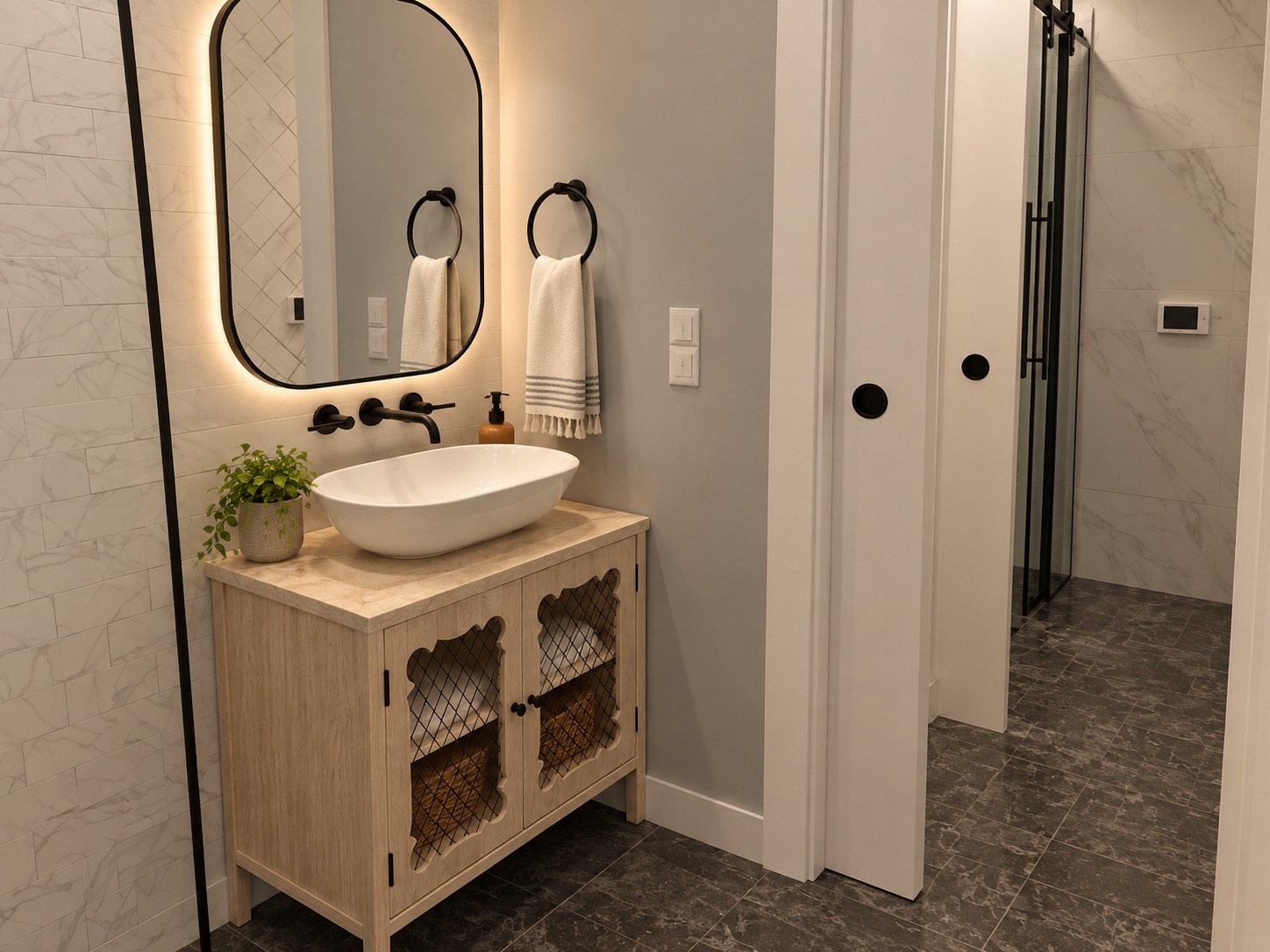 Suburban Farmhouse Jack & Jill Bathroom 1