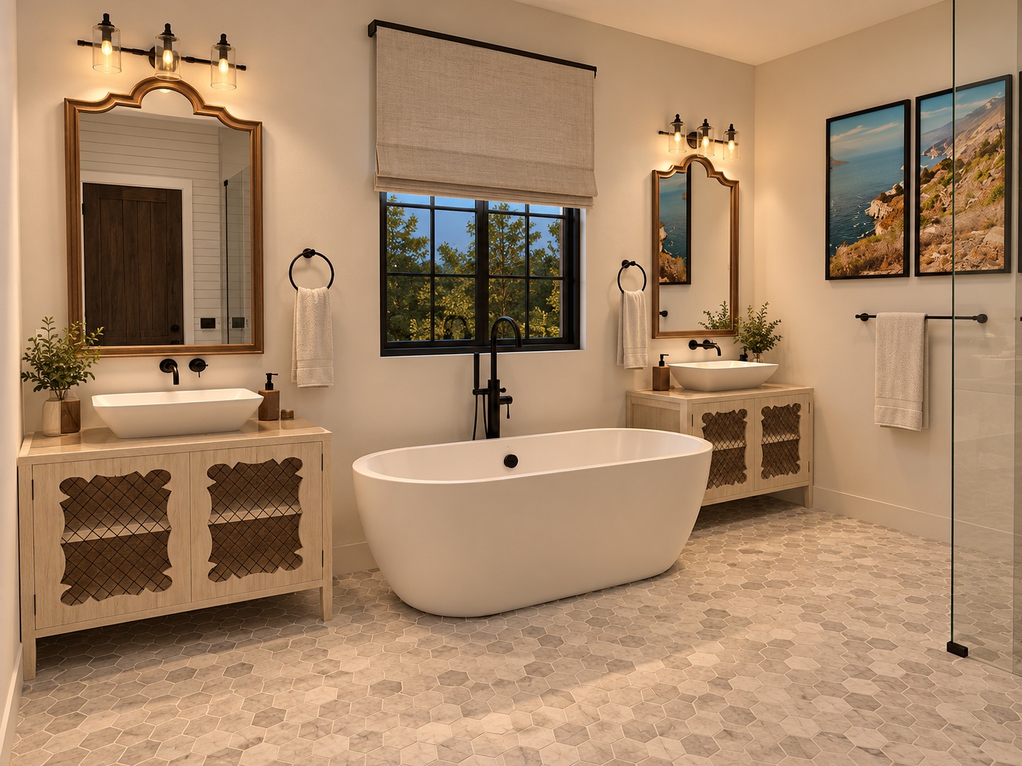 Suburban Farmhouse Primary Bathroom 1