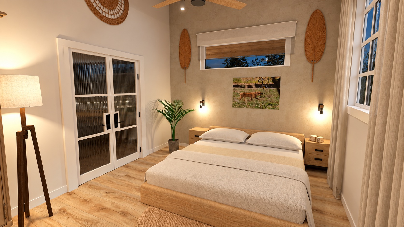 Cozy Cabin primary bedroom rendering
